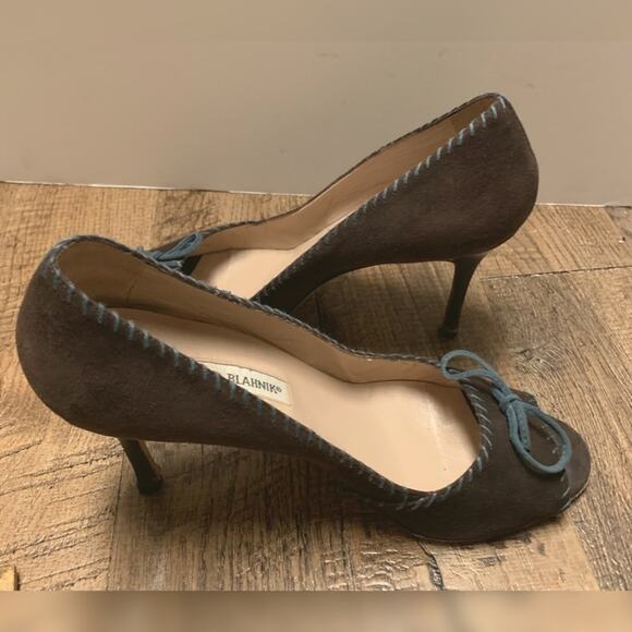 ▪️SOLD▪️Manolo Blahnik Chocolate Brown Suede -Peep TOE -Blue Lacing  39 1/2 M - Picture 7 of 15